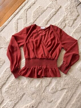 Rust Red Wrap-Front Blouse with Smocked Waist